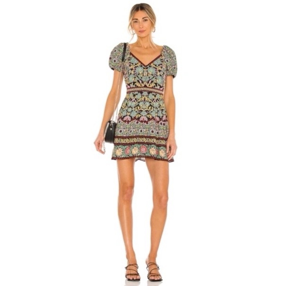 Alice + Olivia Dana Print Puff Sleeve Mini Dress In Flower Pot Black Multi